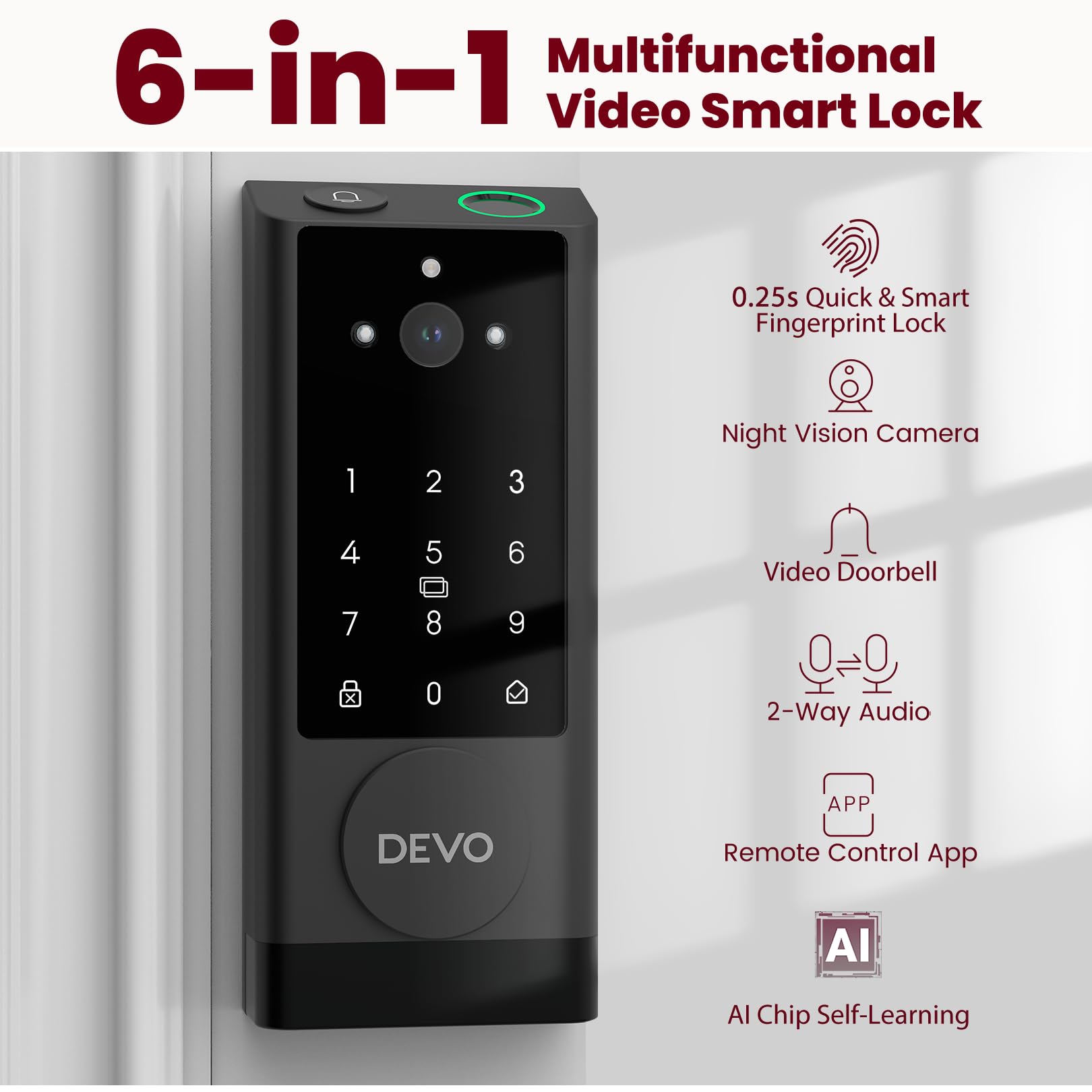 DEVO G1 Video Smart Lock with Camera & Doorbell, 6-in-1 Keyless
